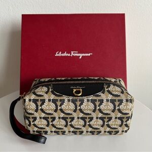 Salvatore Ferragamo Black and Gold Patterned Gancini Cosmetic Case Bag NWT